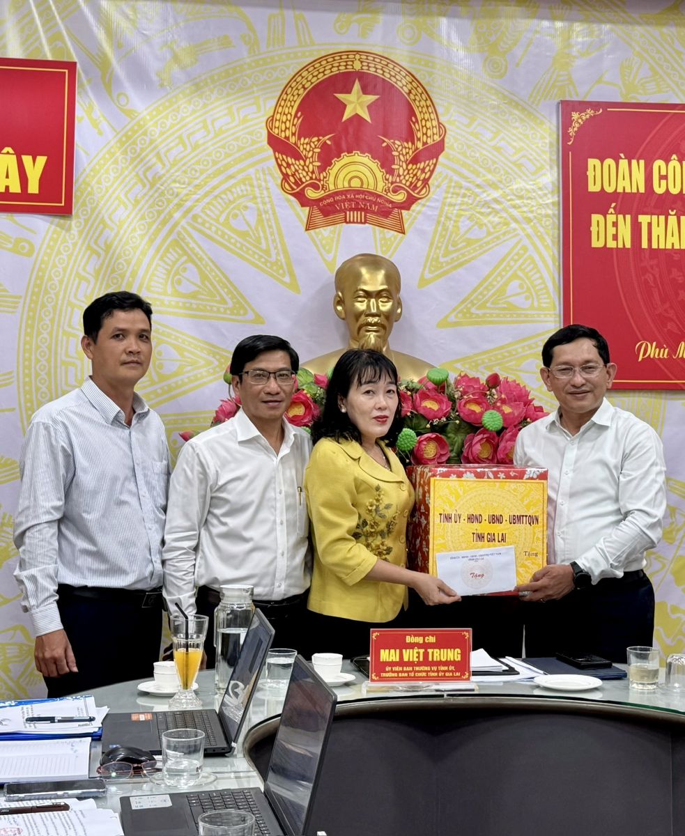 Ảnh 6: Đồng chí Mai Việt Trung - Ủy viên Ban Thường vụ Tỉnh ủy, Trưởng ban Tổ chức Tỉnh ủy Gia Lai, Trưởng đoàn công tác trao quà động viên xã Phù Mỹ Tây